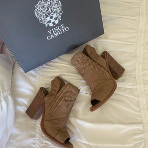Vince Camuto Beige Block Heel Open Toe Booties